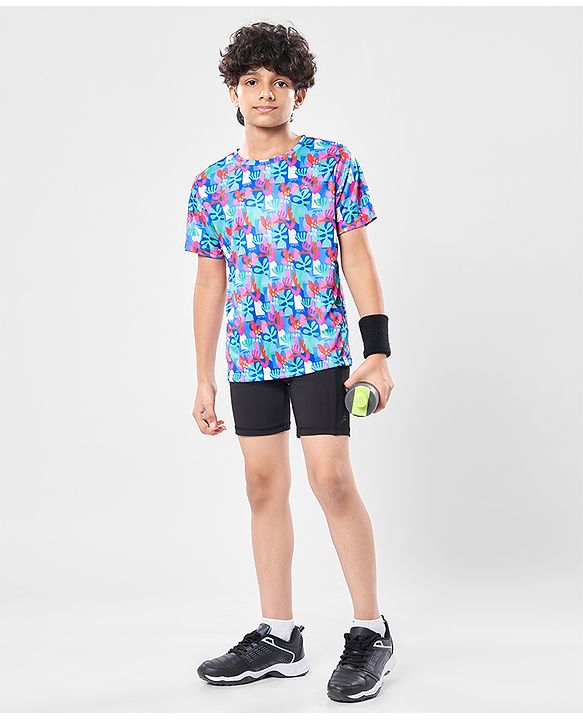 Pine Active Knit Half Sleeves T-Shirt with Tropical Theme Print - Multicolor