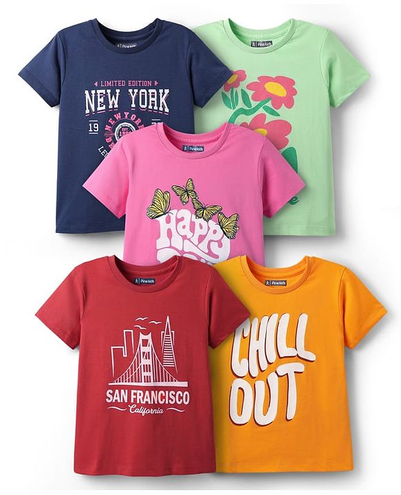 Pine Kids Cotton Knit Half Sleeves T-Shirts with Text Print Pack of 5 - Multicolor
