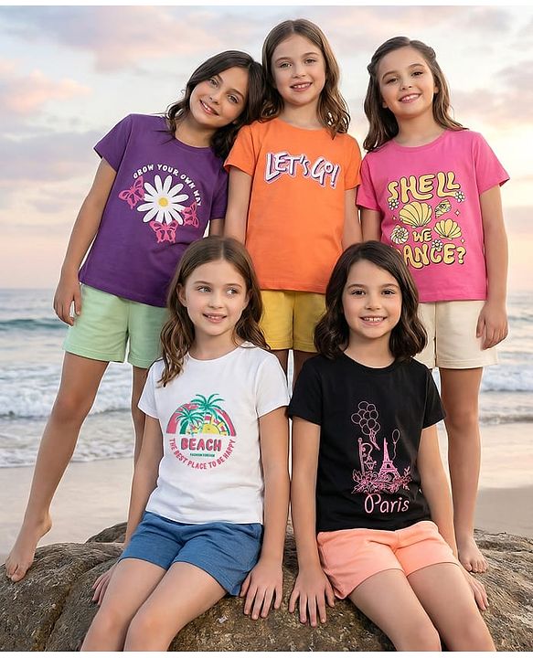 Pine Kids Cotton Knit Half Sleeves T-Shirt with Lets Go Text Print Pack of 5 - Pink & Orange