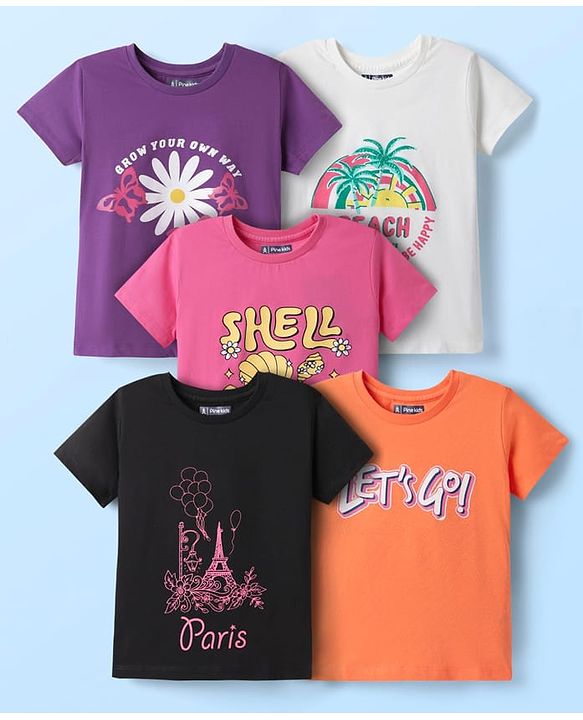Pine Kids Cotton Knit Half Sleeves T-Shirt with Lets Go Text Print Pack of 5 - Pink & Orange