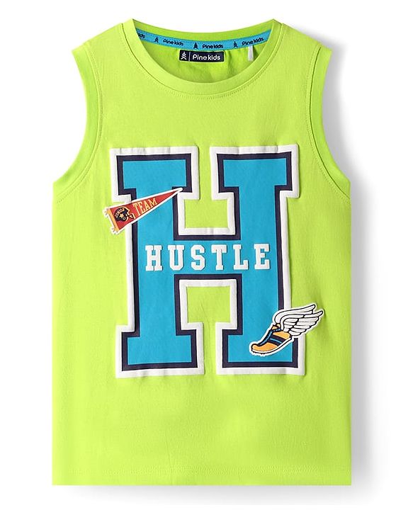 Pine Kids Cotton Knit Sleeveless Tank T-Shirt with Hustle Text Print - Limegreen