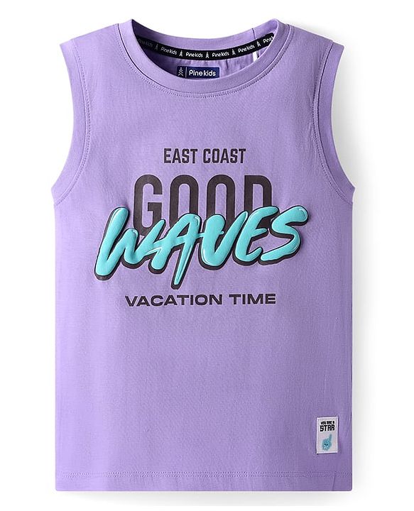 Pine Kids Cotton Knit Sleeveless Tank T-Shirt with Good Waves Text Print - Purple