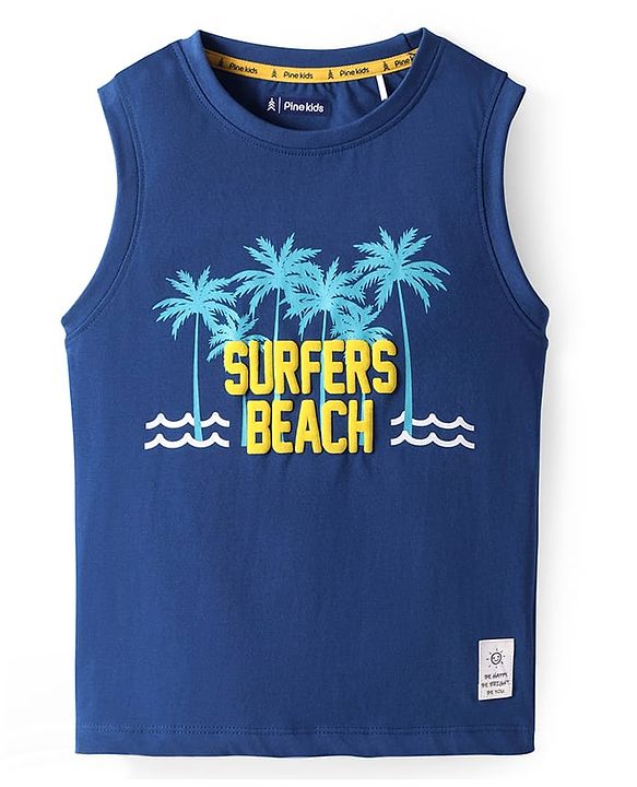 Pine Kids Cotton Knit Sleeveless Tank T-Shirt with Beach Theme Print - Blue