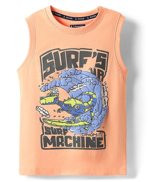 Pine Kids Cotton Knit Sleeveless Tank T-Shirt With Surf Machine Text Print - Coral