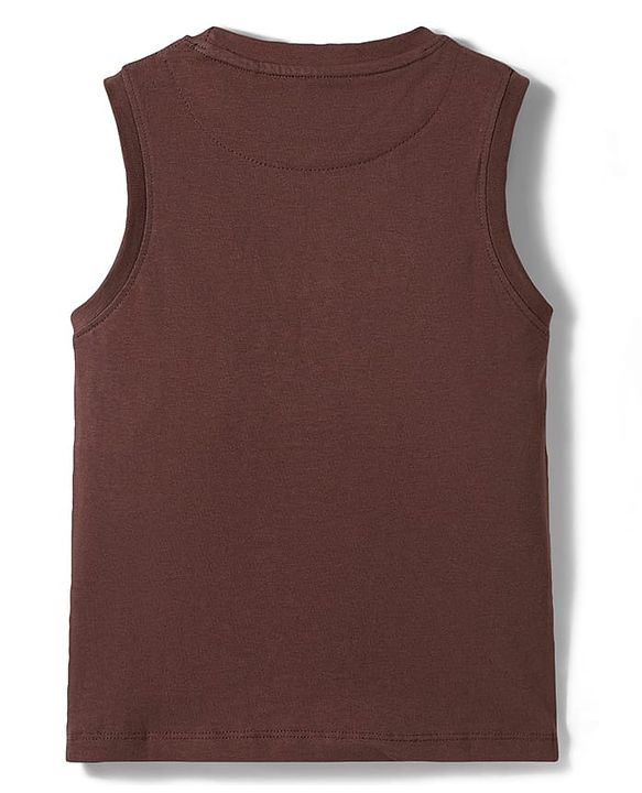 Pine Kids Cotton Knit Sleeveless Tank T-Shirt With Cool Text Print - Brown