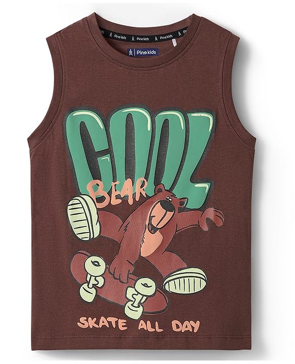 Pine Kids Cotton Knit Sleeveless Tank T-Shirt With Cool Text Print - Brown