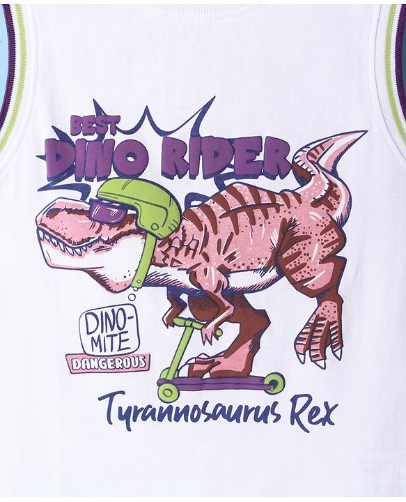 Pine Kids Cotton Knit Sleeveless Tank T-Shirts with Dino Rider Text Print - White