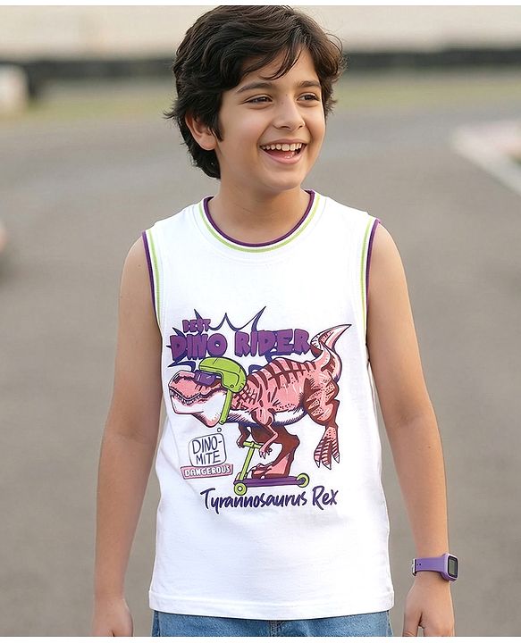 Pine Kids Cotton Knit Sleeveless Tank T-Shirts with Dino Rider Text Print - White
