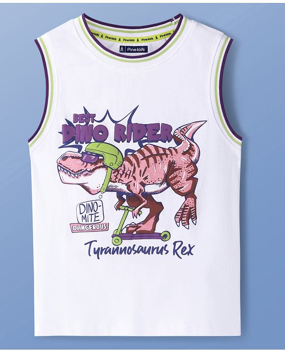 Pine Kids Cotton Knit Sleeveless Tank T-Shirts with Dino Rider Text Print - White