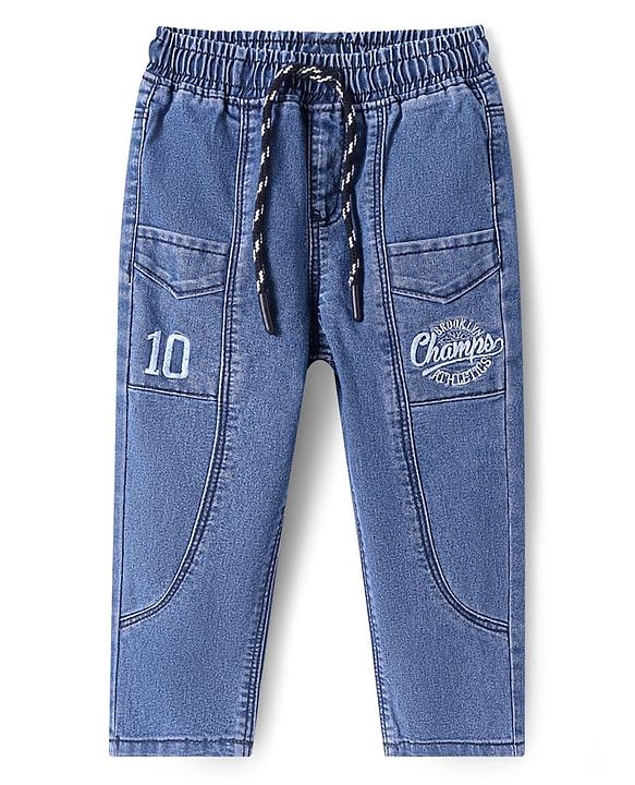 Babyhug Full Length Washed Denim Jeans with Champs Embroidery - Blue