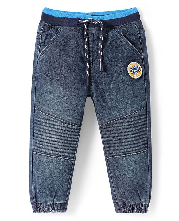 Babyhug Full Length Washed Denim Jeans with Patch Embroidery - Navy Blue