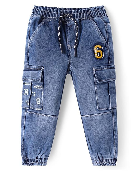 Babyhug Full Length Washed Denim Jeans with Number Embroidery - Blue