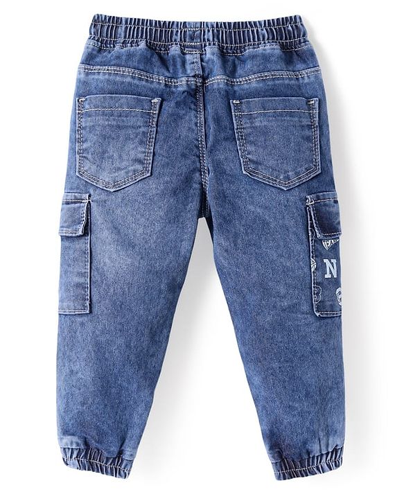 Babyhug Full Length Washed Denim Jeans with Number Embroidery - Blue