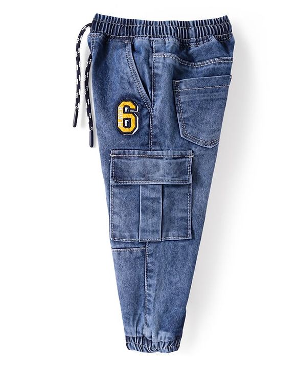 Babyhug Full Length Washed Denim Jeans with Number Embroidery - Blue