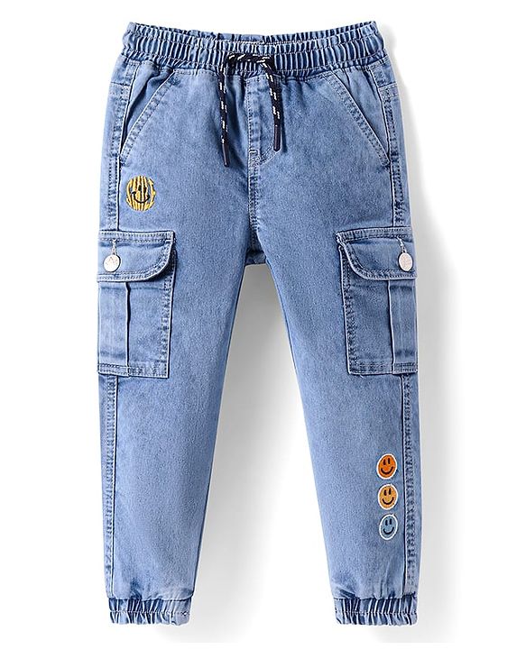 Babyhug Full Length Washed Denim Jeans with Smiley Embroidery - Blue