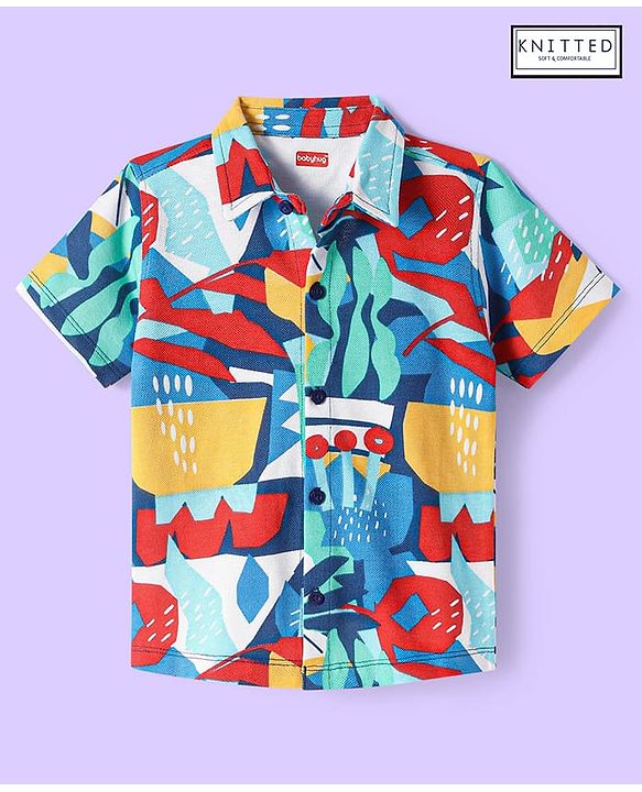 Babyhug Cotton Knit Half Sleeves Shirt with Abstract Print- Yellow & Blue
