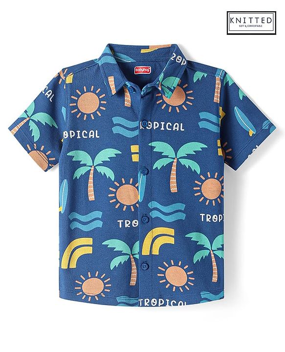 Babyhug Cotton Knit Half Sleeves  Shirt with Tropical Theme Print - Navy Blue