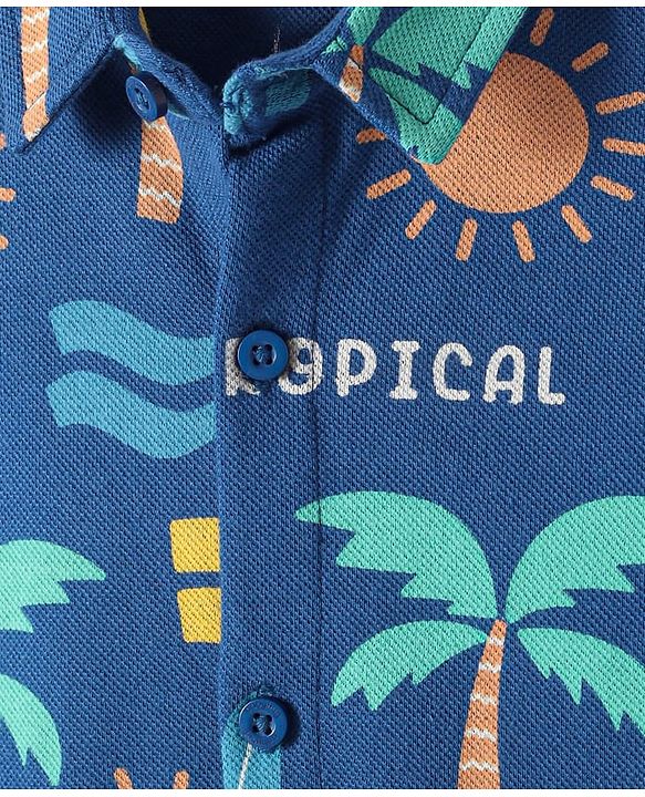 Babyhug Cotton Knit Half Sleeves  Shirt with Tropical Theme Print - Navy Blue