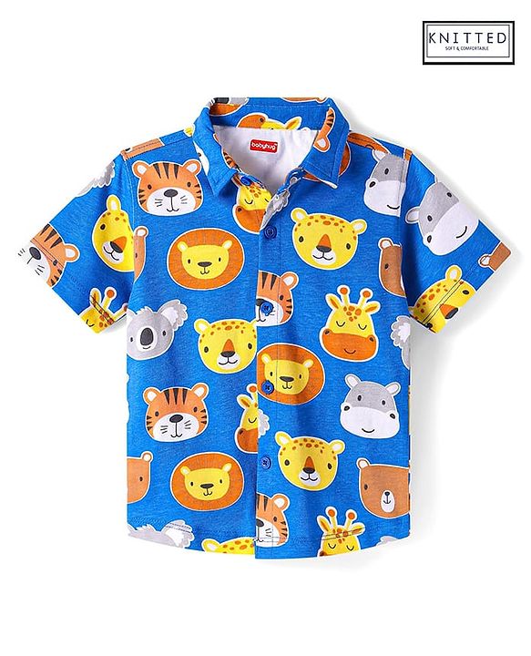 Babyhug Cotton Knit Half Sleeves Shirt with Animals Print- Blue