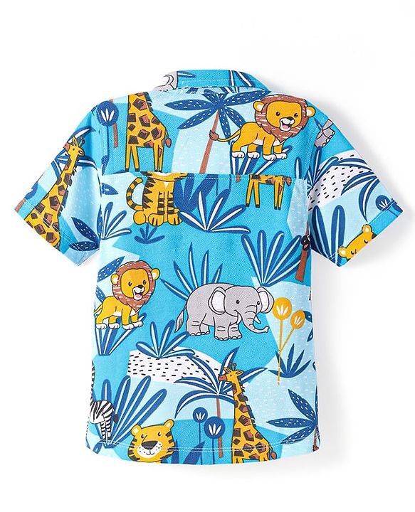 Babyhug Cotton Knit Half Sleeves Shirt with Animal Print - Blue