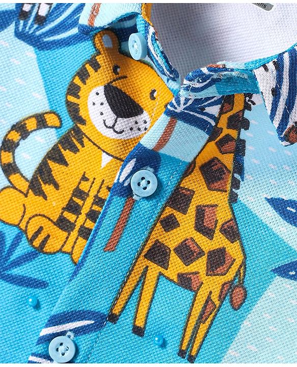 Babyhug Cotton Knit Half Sleeves Shirt with Animal Print - Blue