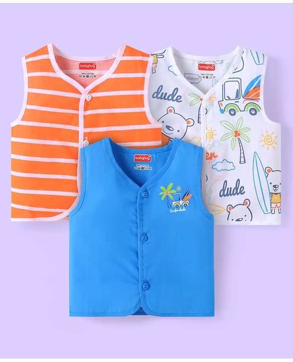 Babyhug 100% Cambric Woven Sleeveless  Front Open Jhabla with Beach Theme Print  Pack of 3 - Blue Coral & White