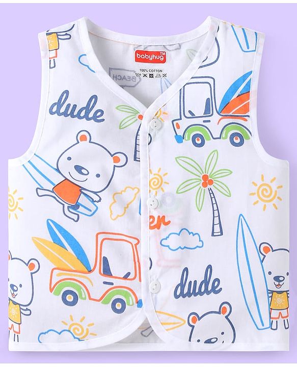 Babyhug 100% Cambric Woven Sleeveless  Front Open Jhabla with Beach Theme Print  Pack of 3 - Blue Coral & White