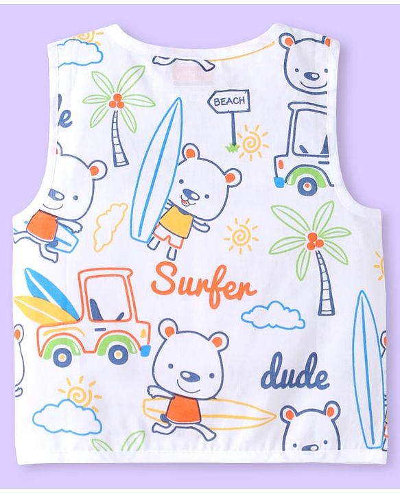 Babyhug 100% Cambric Woven Sleeveless  Front Open Jhabla with Beach Theme Print  Pack of 3 - Blue Coral & White