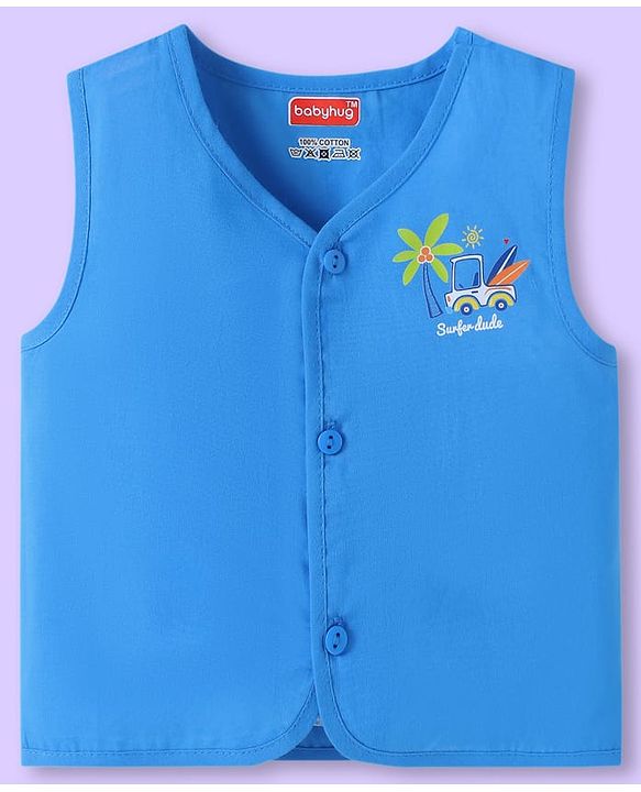 Babyhug 100% Cambric Woven Sleeveless  Front Open Jhabla with Beach Theme Print  Pack of 3 - Blue Coral & White