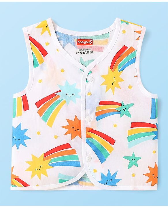 Babyhug Cambric Woven Front Open Sleeveless Vests With Striped & Star Print Pack Of 5 - Multicolour