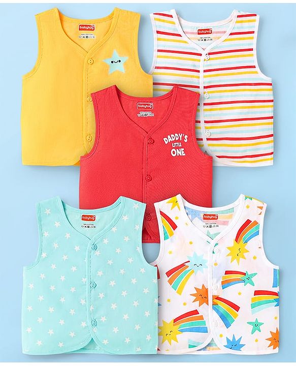 Babyhug Cambric Woven Front Open Sleeveless Vests With Striped & Star Print Pack Of 5 - Multicolour