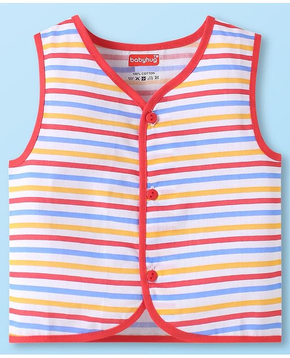 Babyhug 100% Cambric Woven Sleeveless Front Open Jhabla with Animal & Stripe Print  Pack of 3 - Red & White