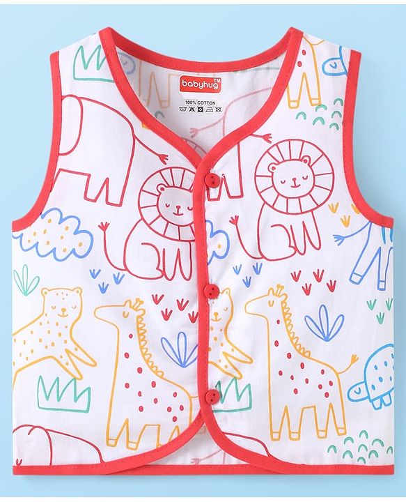 Babyhug 100% Cambric Woven Sleeveless Front Open Jhabla with Animal & Stripe Print  Pack of 3 - Red & White