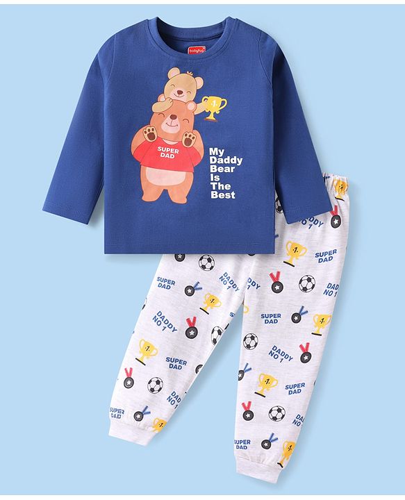 Babyhug Cotton Knit Full Sleeves Night Suit With Bear & Text Print - Blue & White