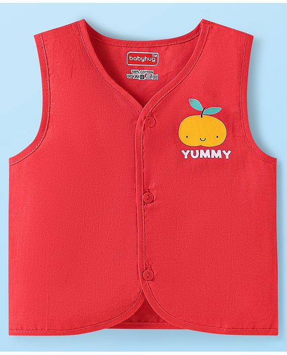 Babyhug 100% Cambric Woven Sleeveless  Front Open Jhabla with Fruit & Stripe Print  Pack of 3 - Red & Yellow