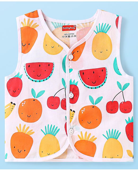 Babyhug 100% Cambric Woven Sleeveless  Front Open Jhabla with Fruit & Stripe Print  Pack of 3 - Red & Yellow