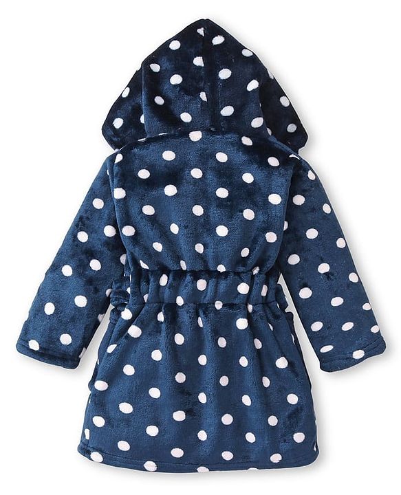 Babyhug Velour Knit Full Sleeves Hooded Bath Robe With Elastic At Waist & Polka Dot Print - Navy Blue