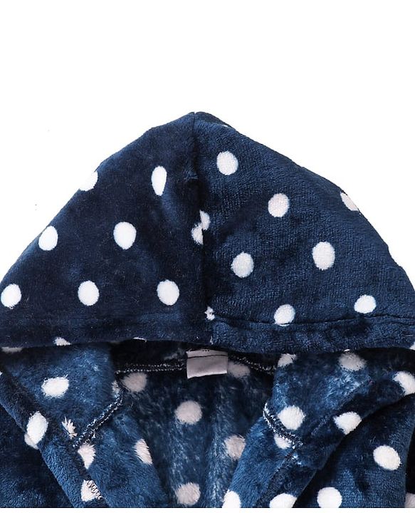 Babyhug Velour Knit Full Sleeves Hooded Bath Robe With Elastic At Waist & Polka Dot Print - Navy Blue