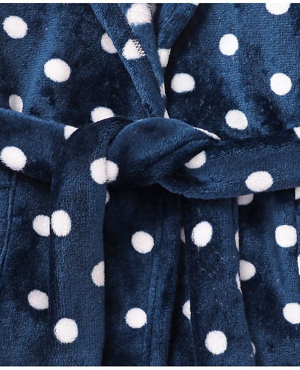 Babyhug Velour Knit Full Sleeves Hooded Bath Robe With Elastic At Waist & Polka Dot Print - Navy Blue