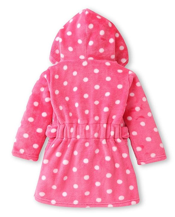 Babyhug Velour Knit Full Sleeves Hooded Bath Robe With Elastic At Waist & Polka Dot Print - Pink