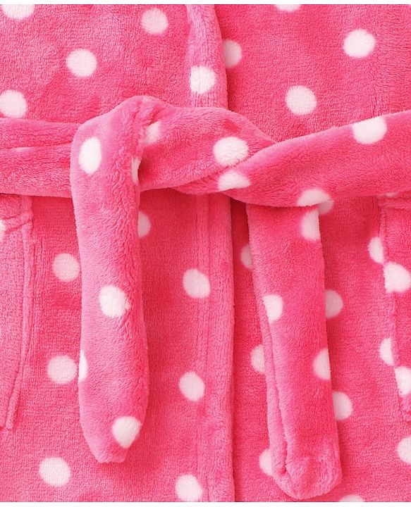Babyhug Velour Knit Full Sleeves Hooded Bath Robe With Elastic At Waist & Polka Dot Print - Pink
