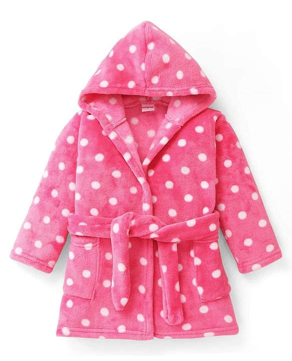 Babyhug Velour Knit Full Sleeves Hooded Bath Robe With Elastic At Waist & Polka Dot Print - Pink