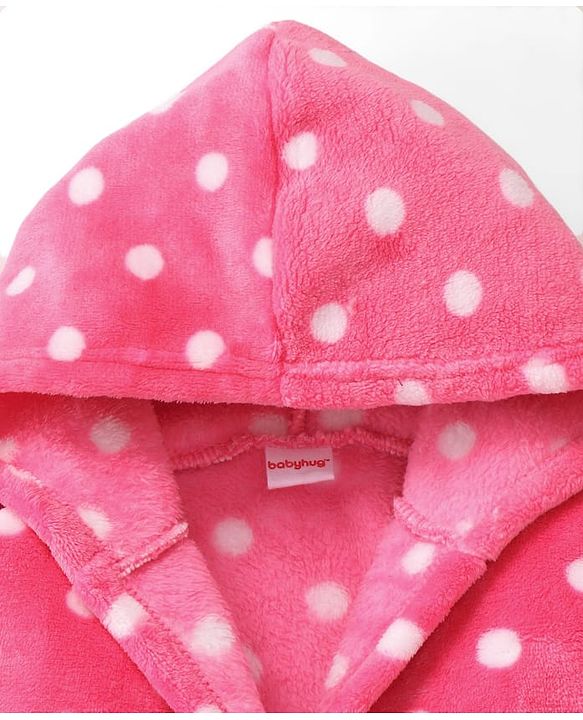Babyhug Velour Knit Full Sleeves Hooded Bath Robe With Elastic At Waist & Polka Dot Print - Pink