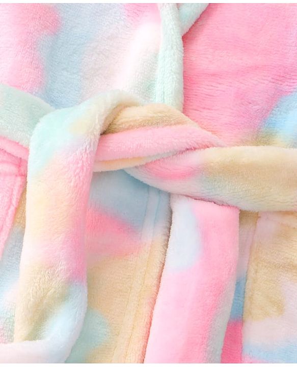 Babyhug Velour Knit Full Sleeves Hooded Bath Robe With Tie & Dye Print & Elastic on Waist - Multicolor
