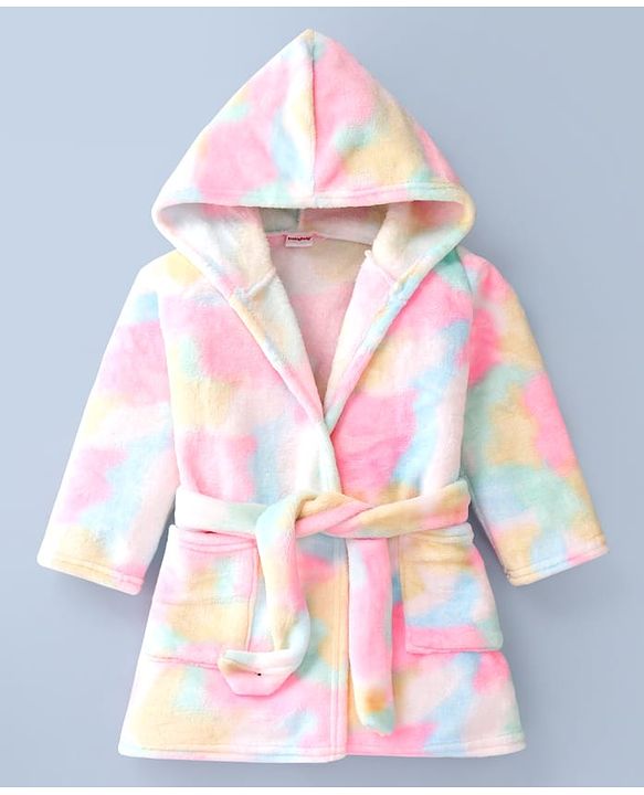 Babyhug Velour Knit Full Sleeves Hooded Bath Robe With Tie & Dye Print & Elastic on Waist - Multicolor