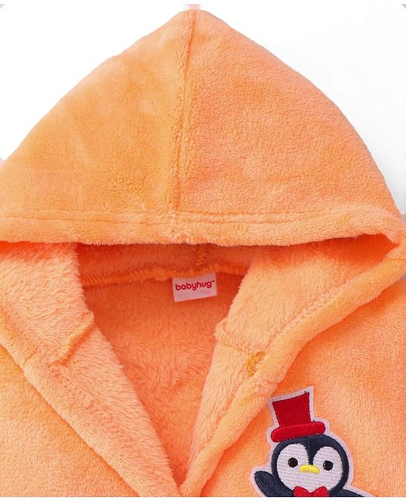 Babyhug Velour Knit Full Sleeves Hooded Bath Robe With Elastic At Waist & Penguin Patch - Light Orange