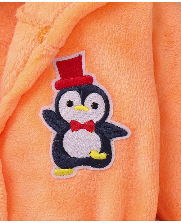 Babyhug Velour Knit Full Sleeves Hooded Bath Robe With Elastic At Waist & Penguin Patch - Light Orange