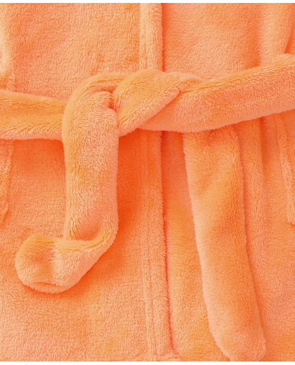 Babyhug Velour Knit Full Sleeves Hooded Bath Robe With Elastic At Waist & Penguin Patch - Light Orange