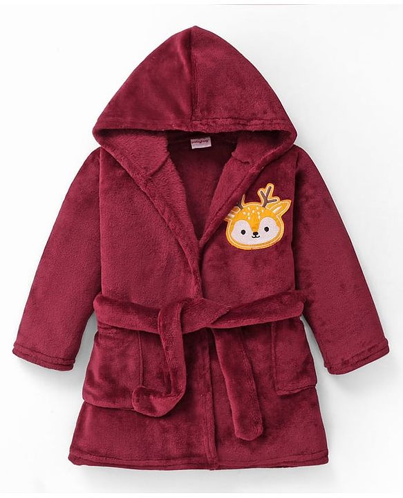 Babyhug Velour Knit Full Sleeves Hooded Bath Robe With Elastic At Waist & Deer Patch - Maroon