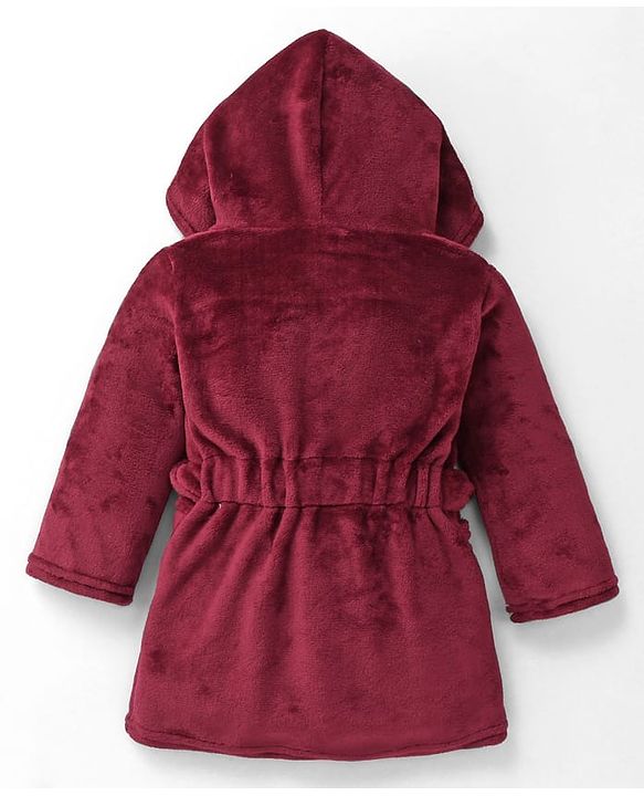 Babyhug Velour Knit Full Sleeves Hooded Bath Robe With Elastic At Waist & Deer Patch - Maroon